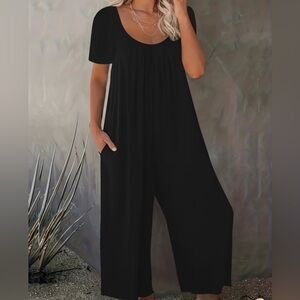 Temu Plus Size Women's Black Long Pants, Pockets, Short-Sleeve Jumpsuit EUC 0X